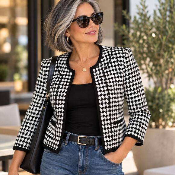 White House Black Market Jackets & Blazers - White House Black Market Houndstooth Cropped Blazer Jacket Size 8 Black White